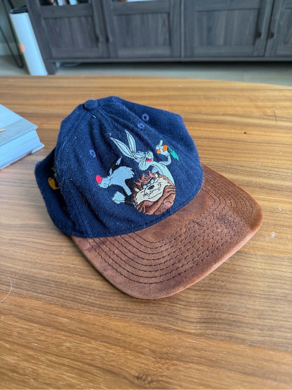 Vintage Looney Toons Embroidered Baseball Cap - Navy & Brown Suede